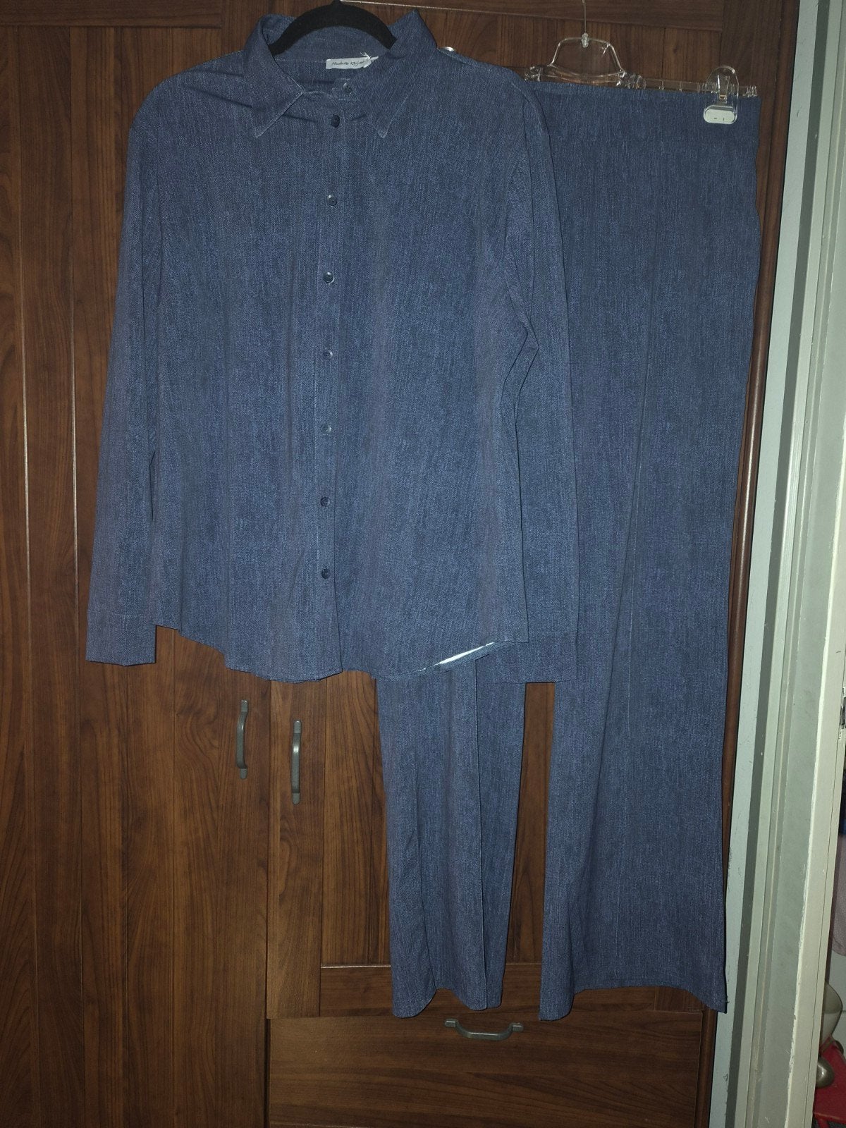 Nicolette kluijver pak blouse en broek xxl travelstof, Verzenden, Zo goed als nieuw, Maat 46/48 (XL) of groter, Blauw