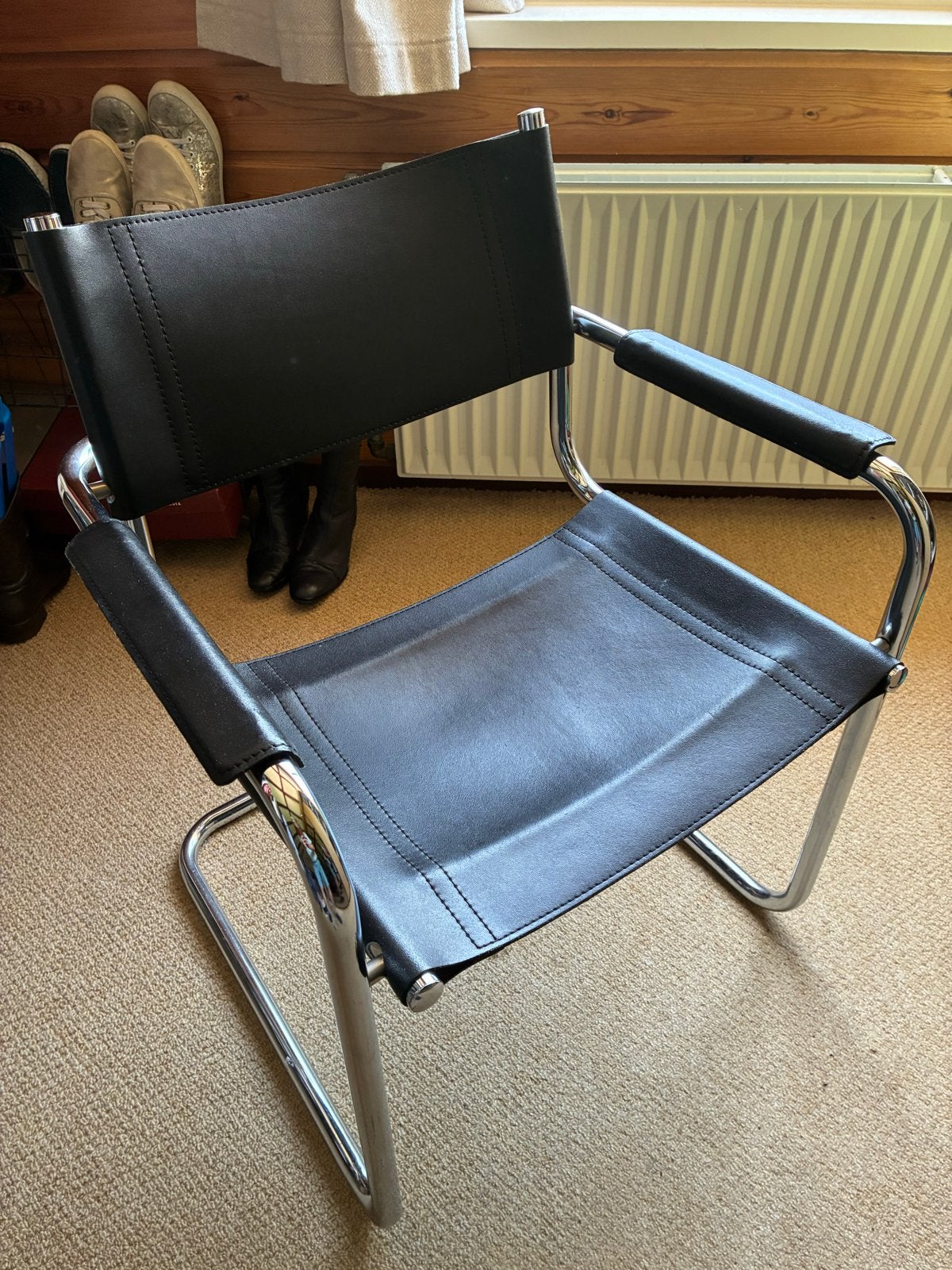 2 moderne stoelen van verchroomde buis met leren zitting, Ophalen, Gebruikt, Twee, Zwart