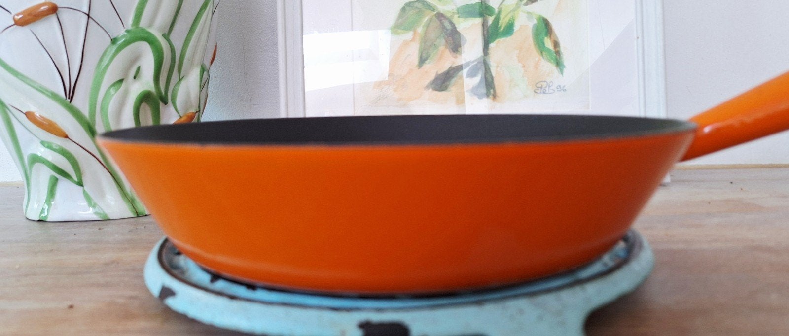 Le Creuset Vintage Koekenpan - Oranje Gietijzer (24cm), Ophalen of Verzenden, Gietijzer, Koekenpan of Braadpan, Inductieplaat