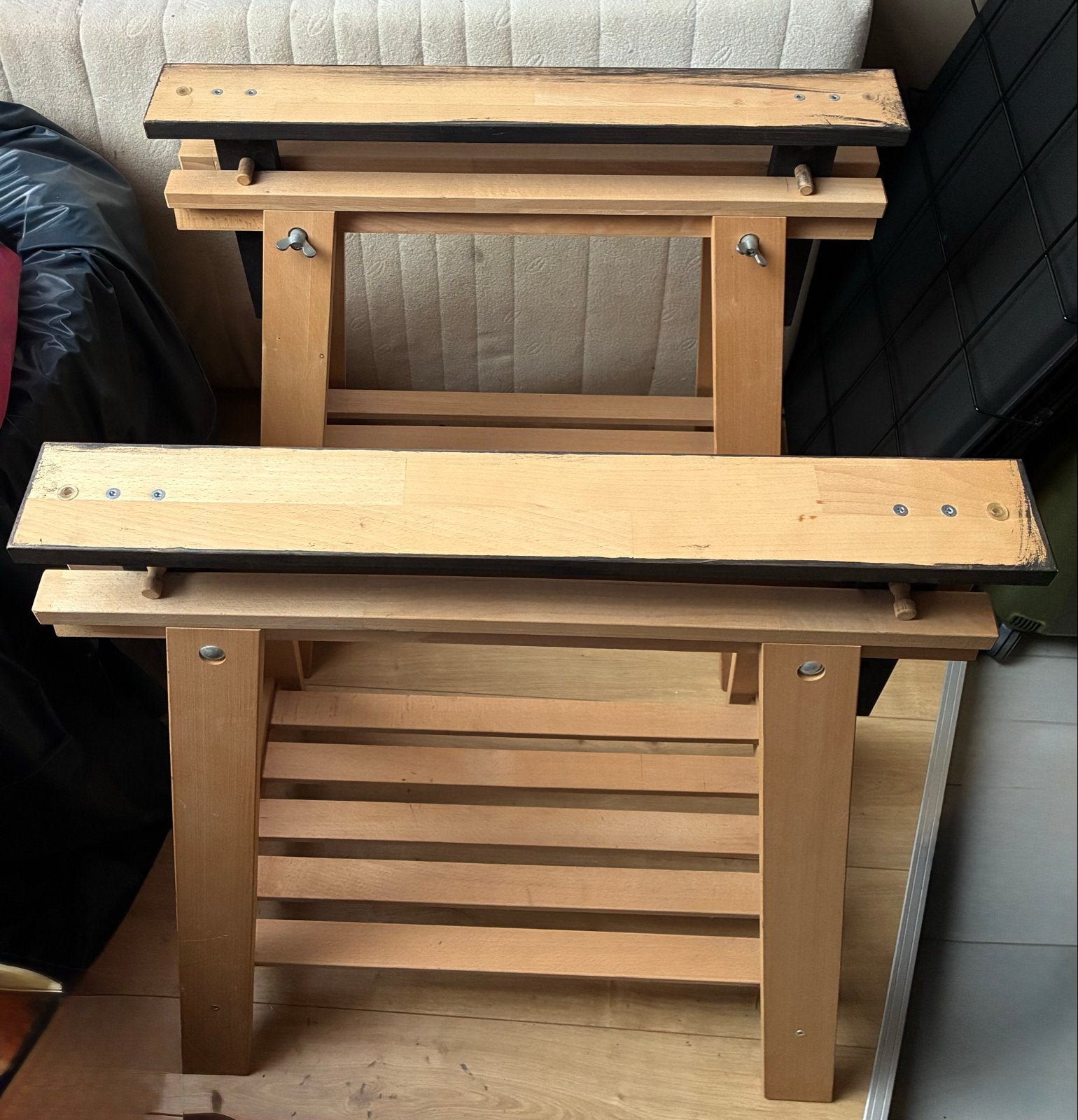 Twee houten schragen met planken - ideaal voor werkblad, Ophalen, In hoogte verstelbaar, Gebruikt, Hout