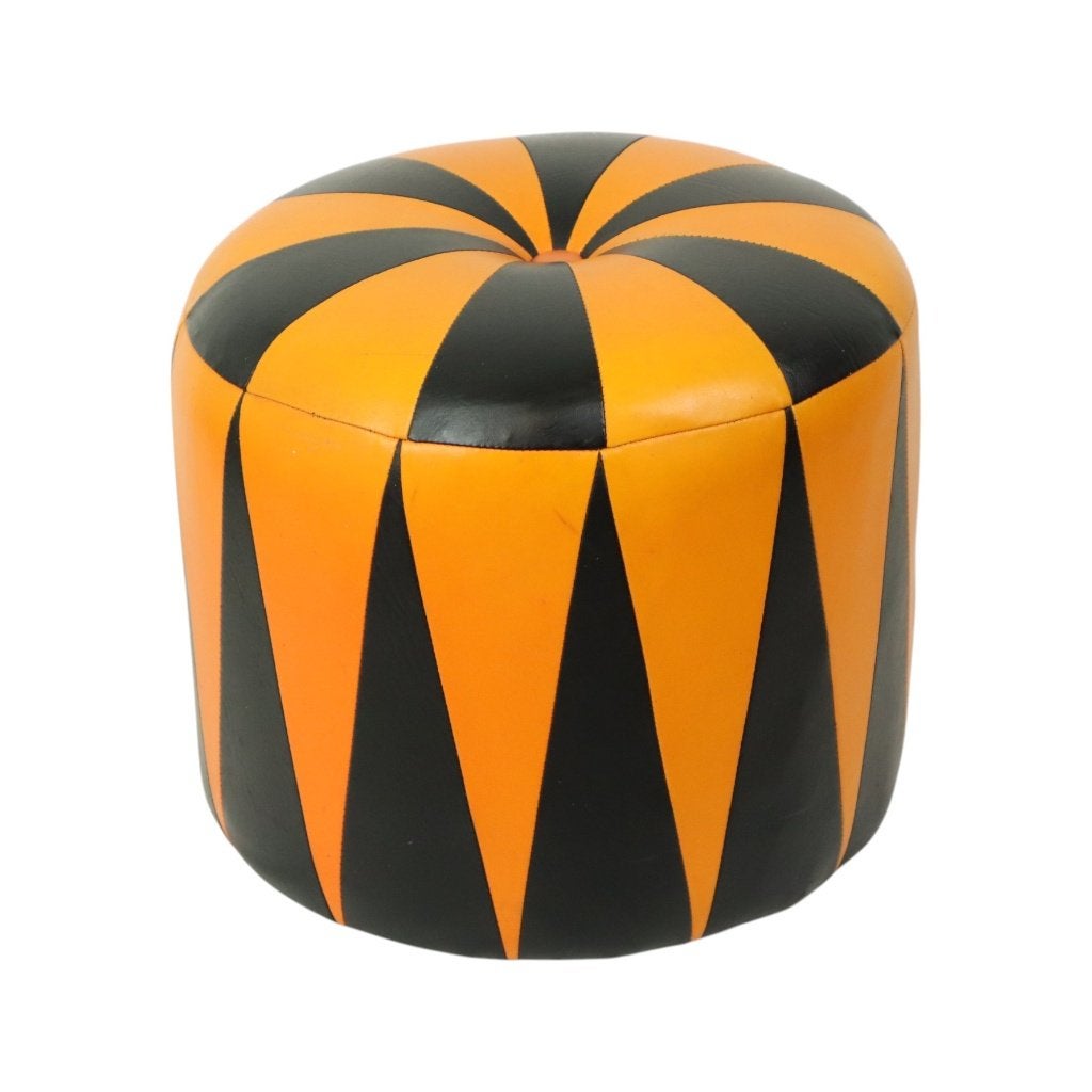 Ronde Vintage Poef Oranje Zwart Tweekleurig Skai Sixties, Minder dan 50 cm, Gebruikt, Rond, Minder dan 50 cm