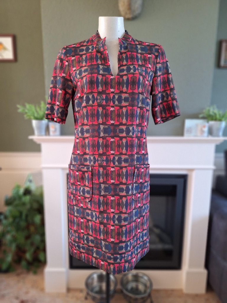 Caroline Biss rood groene blauwe jurk zakken 40, Kleding | Dames, Jurken, Maat 38/40 (M), Verzenden, Zo goed als nieuw, Knielengte