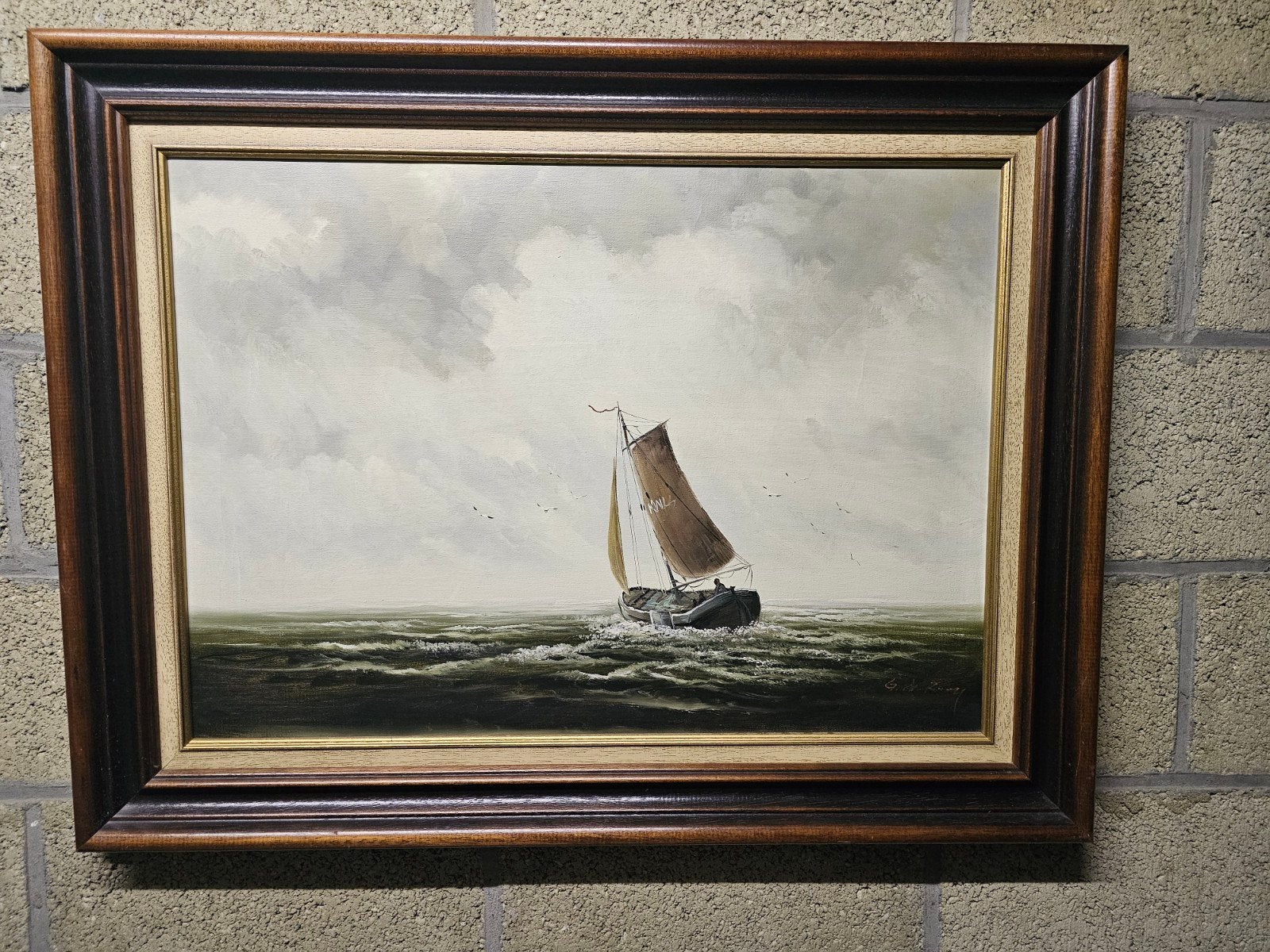 Maritiem Schilderij: Zeilboot op woelige zee, gesigneerd, Maritiem / water, Doek, Ophalen of Verzenden, Olieverf