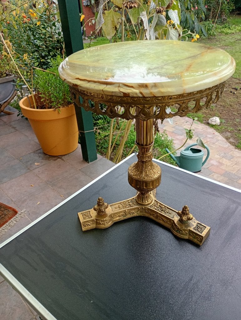 Onyx Marmeren Bijzettafel met Messing Onderstel, Ophalen