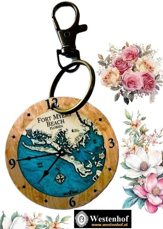 Vintage sleutelhanger klok fort myers beach - metaal brons, Verzamelen, Sleutelhangers, Nieuw, Verzenden