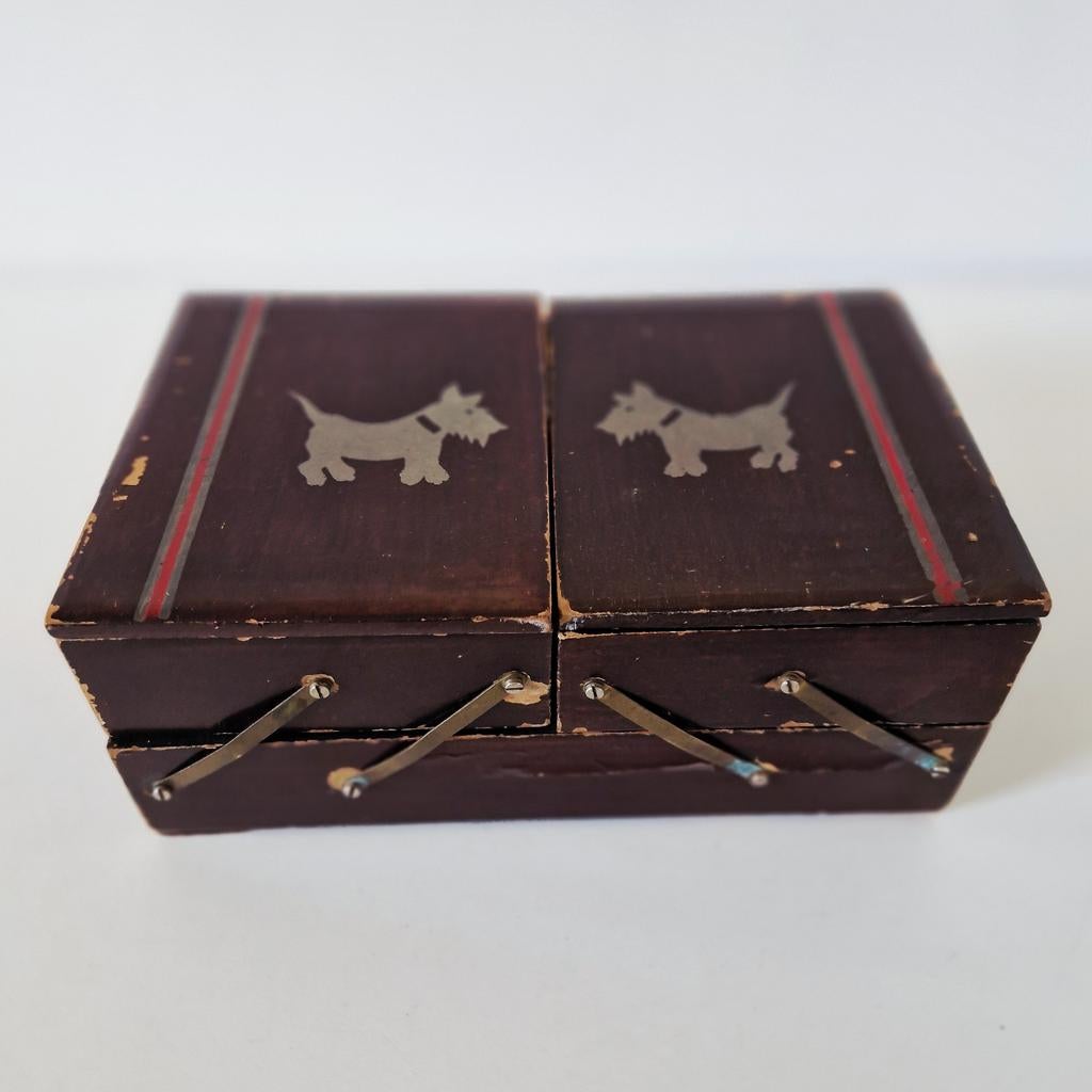 Antiek harmonica kistje naaikist met highland terriers, Ophalen of Verzenden