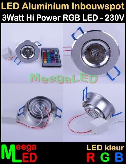 LED Aluminium Inbouwspot 3 Watt RGB + IR afstandsbediening, Led, Metaal of Aluminium, LED RGB Inbouwspot, Nieuw