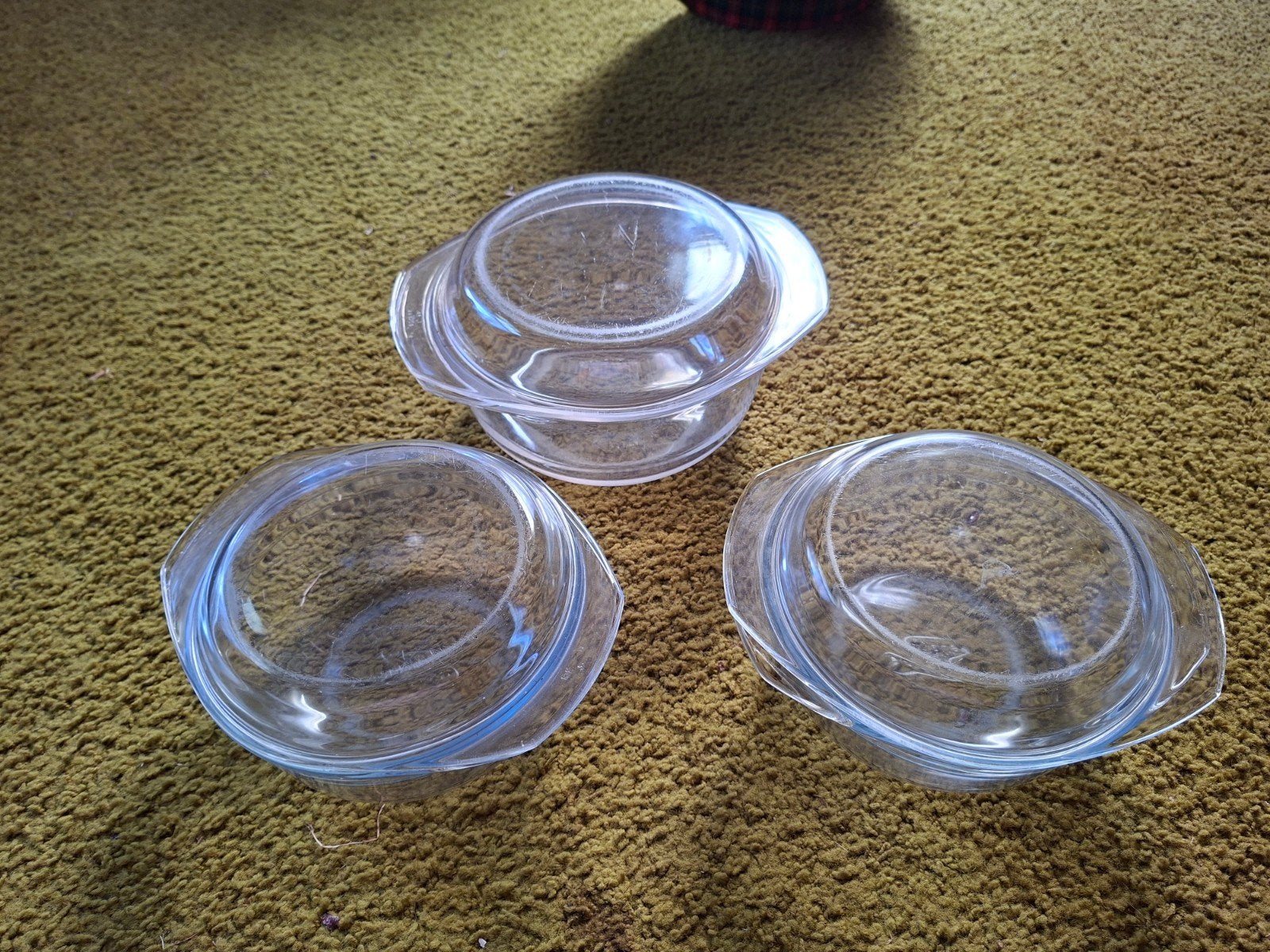 3 glazen ovenschalen met deksel, magnetronschaal, Gebruikt, Ophalen of Verzenden, Overige stijlen, Glas