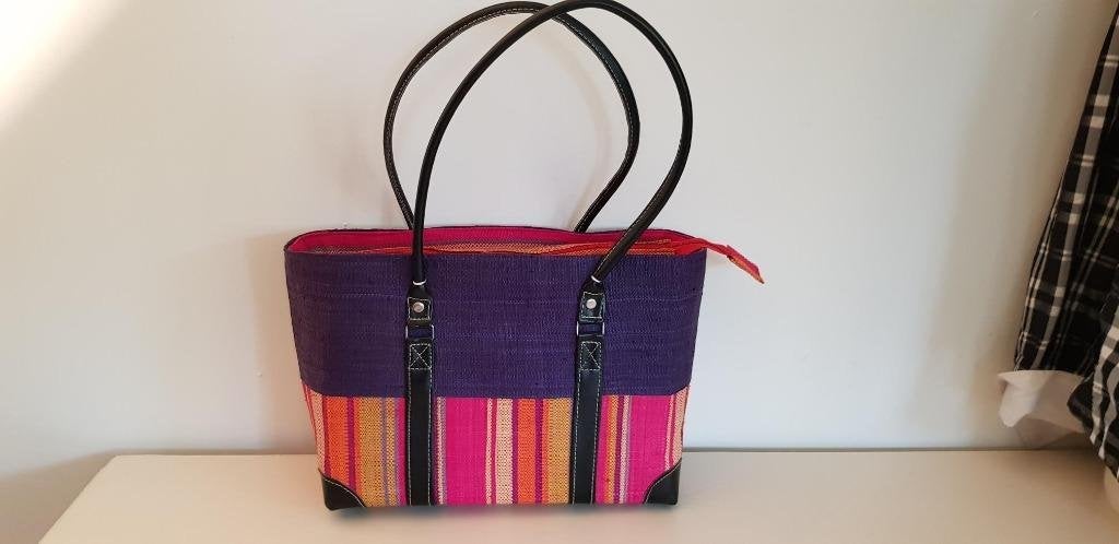 K299? mini strandtas van gekleurd gras en PU lederen,, Sieraden, Tassen en Uiterlijk, -, -, Shopper, Ophalen of Verzenden
