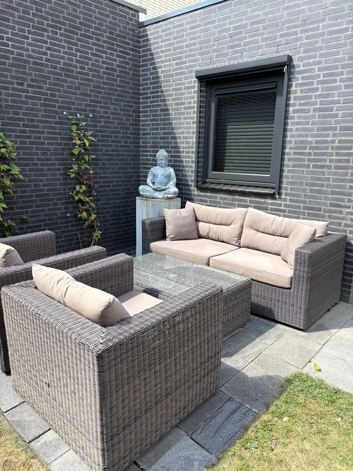 Bellagio loungeset bruin/grijs wicker met taupe kussens, Ophalen, 4 zitplaatsen, Zo goed als nieuw, Loungeset