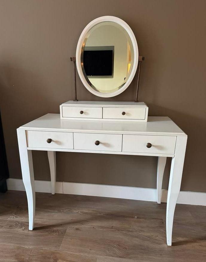 Witte make-uptafel in Rivièra Maison stijl met 5 lades, Ophalen, 100 tot 150 cm, 50 tot 100 cm, Hout