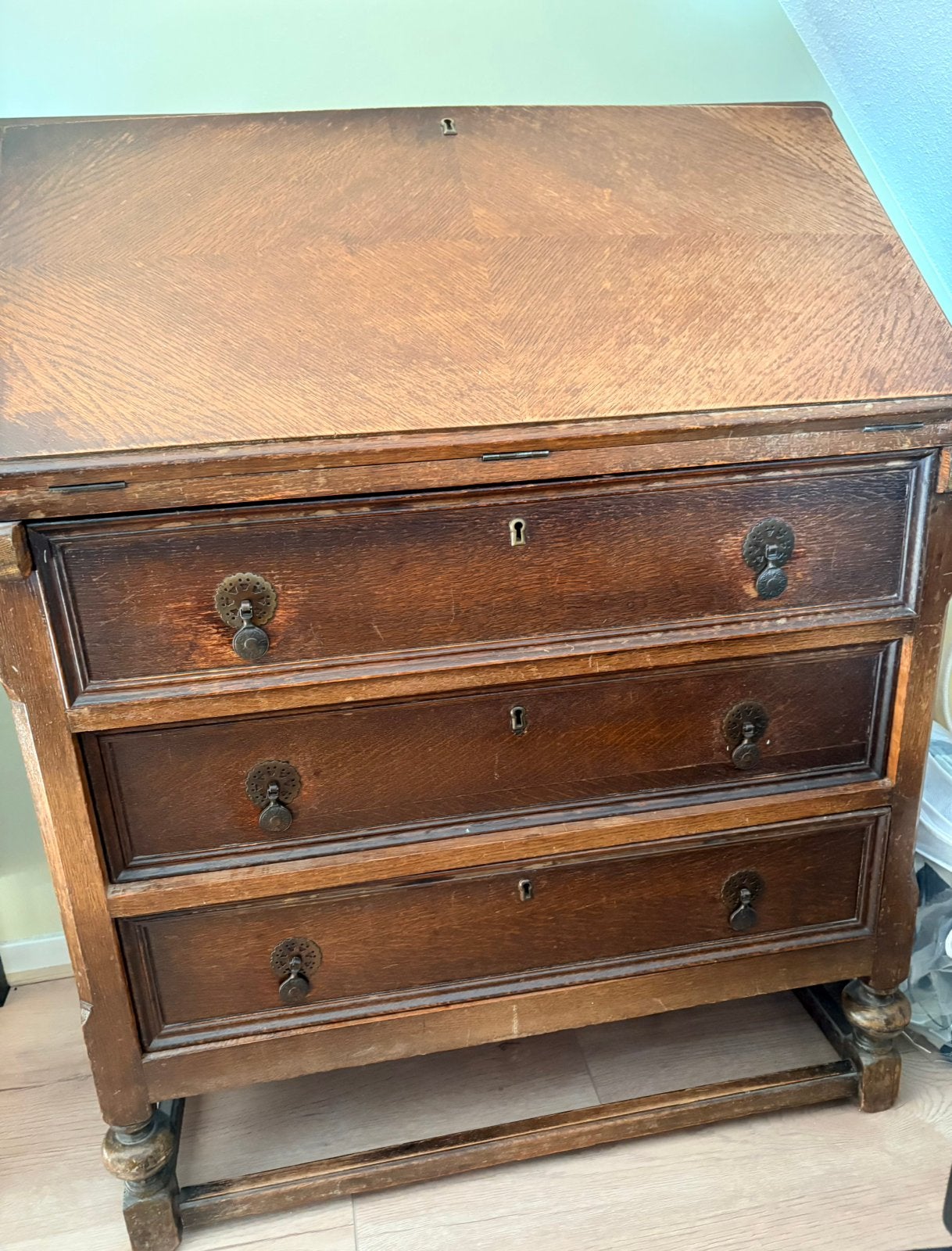 Secretaire- bureautje, Ophalen, Gebruikt, 100 tot 150 cm, Eikenhout