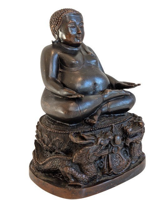 Chinees bronzen Boeddhabeeld op drakensokkel – 037, Gebruikt, Ophalen of Verzenden, 23 cm, Bruin