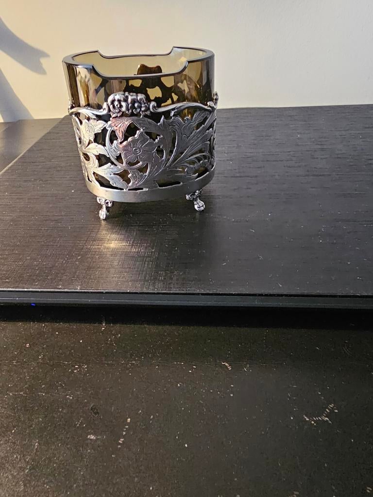 Vintage glazen theeglashouder met metalen frame, Ophalen of Verzenden