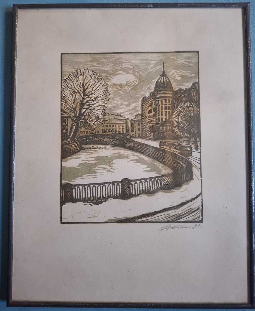 Linosnede van de Russische kunstenaar Sobol, L. S. 1982, Ophalen of Verzenden