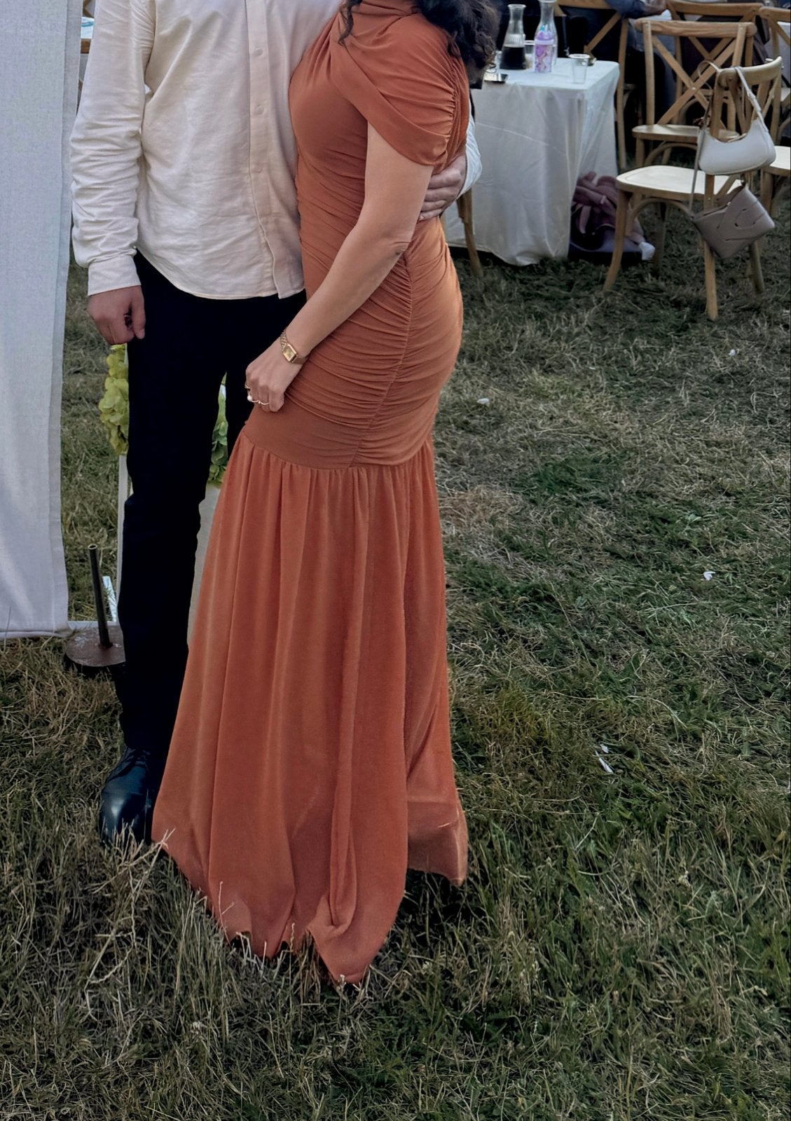 Elegante roestbruine avondjurk, maat L, Kleding | Dames, Maat 38/40 (M), Oranje, Ophalen of Verzenden, Zo goed als nieuw