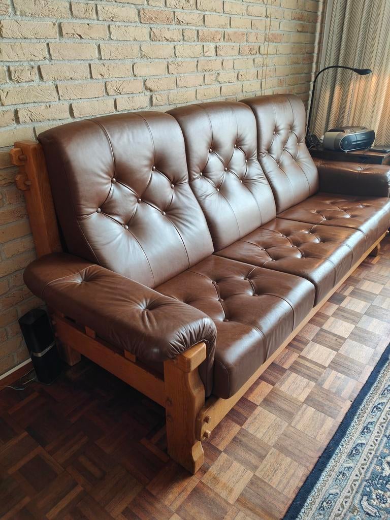Massief Eiken Zitgroep: 3-zitsbank, 2 Fauteuils & Salontafel, Ophalen, Gebruikt, Driepersoons, 75 tot 100 cm
