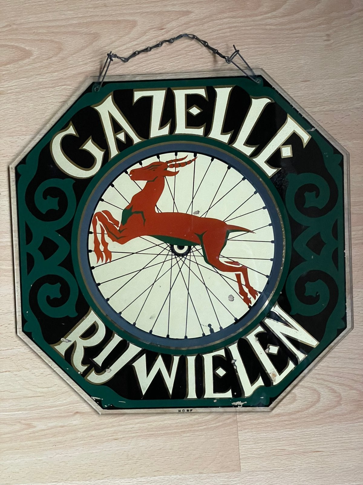 Glazen reclame Gazelle Rijwielen 1950, Verzamelen, Ophalen, Reclamebord, Gebruikt, Gazelle
