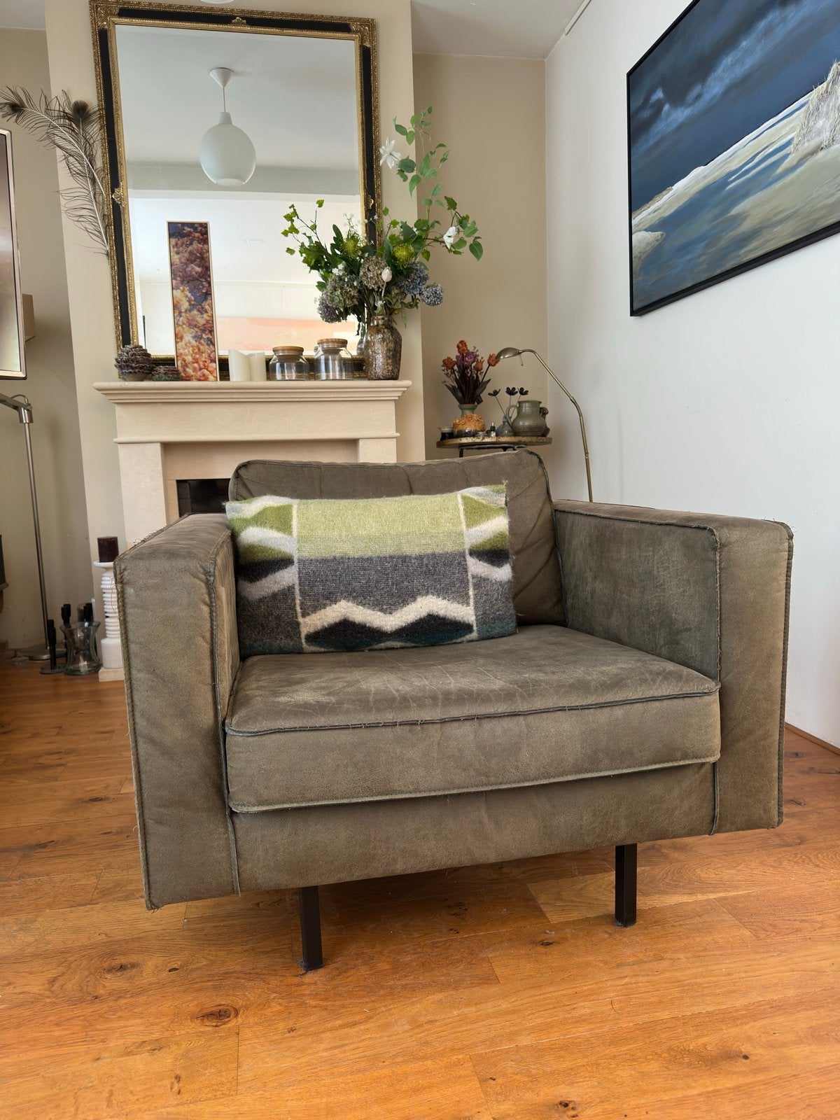 Comfortabele woood rodeobank + fauteuil in olijfgroen-army, Ophalen, Gebruikt, Stof, Driepersoons