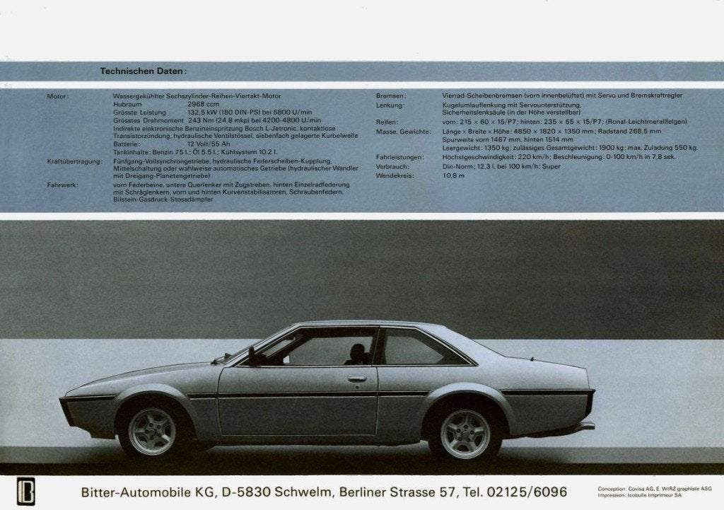 Bitter SC fraaie originele brochure/auto folder '80, Ophalen of Verzenden, Nieuw, Overige merken
