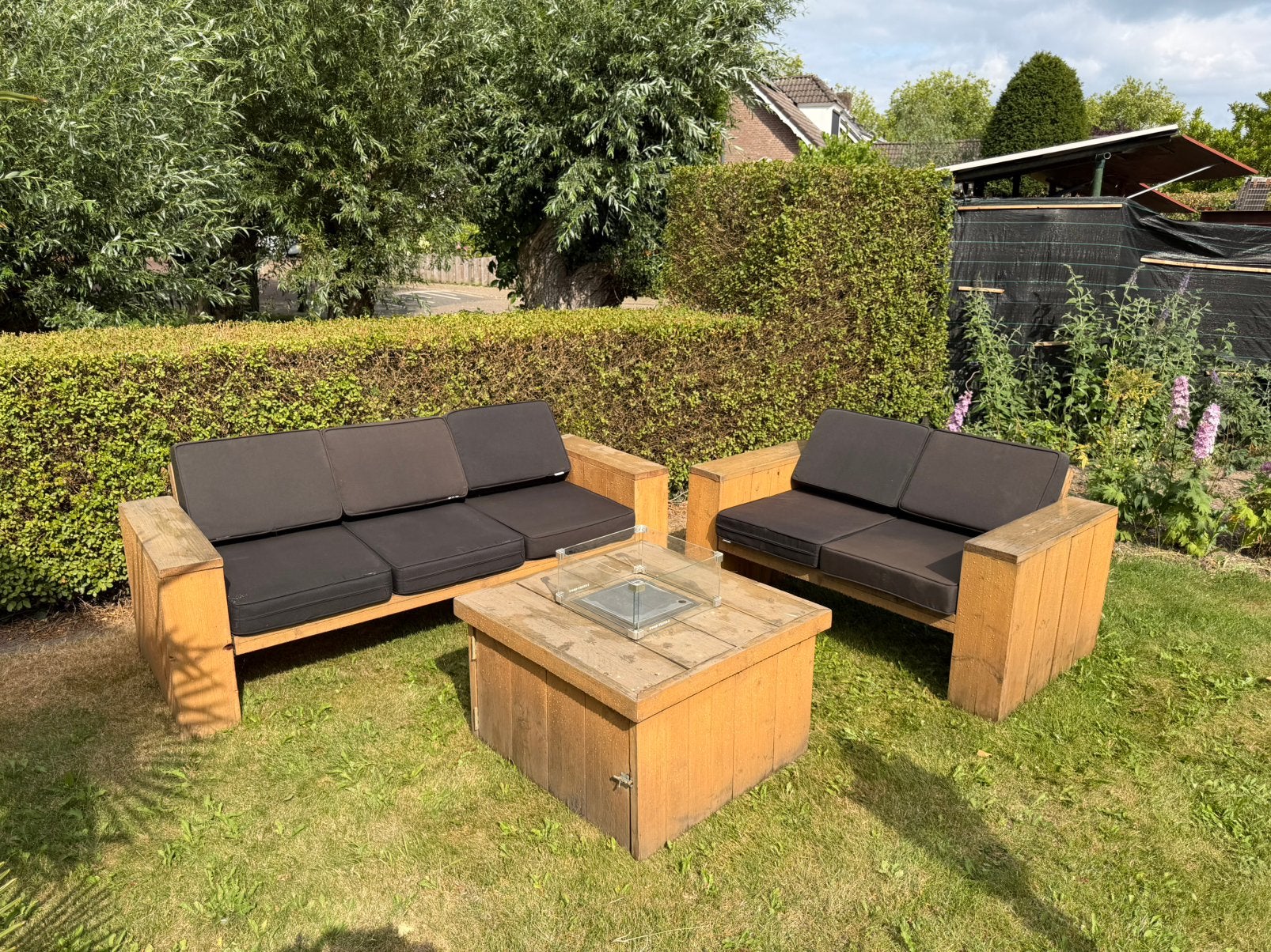 Steigerhouten loungeset met vuurtafel, Ophalen, 5 zitplaatsen, Gebruikt, Steigerhout