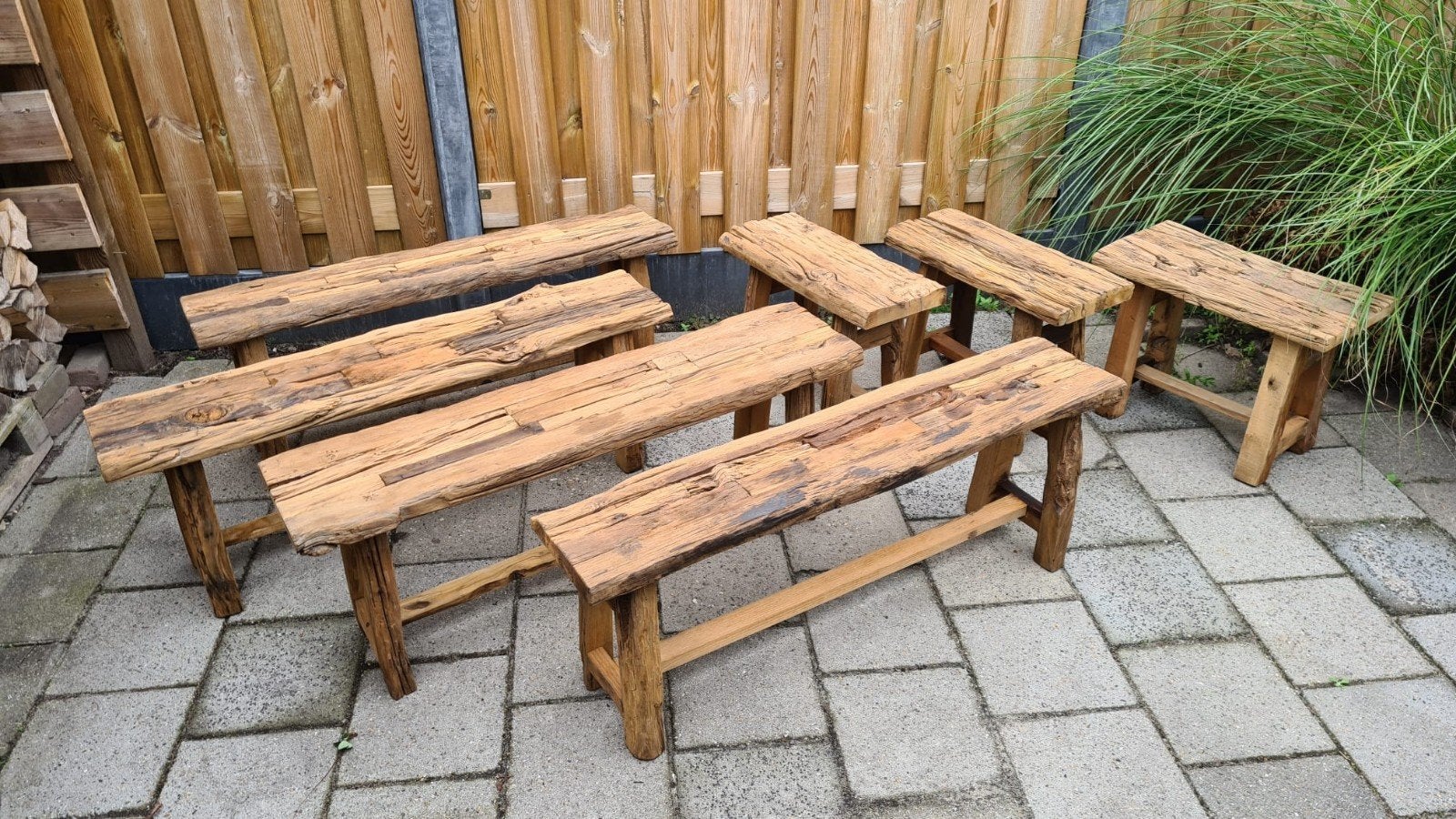 NIEUW Robuuste Railway Wood bankjes & krukjes, Ophalen, Nieuw