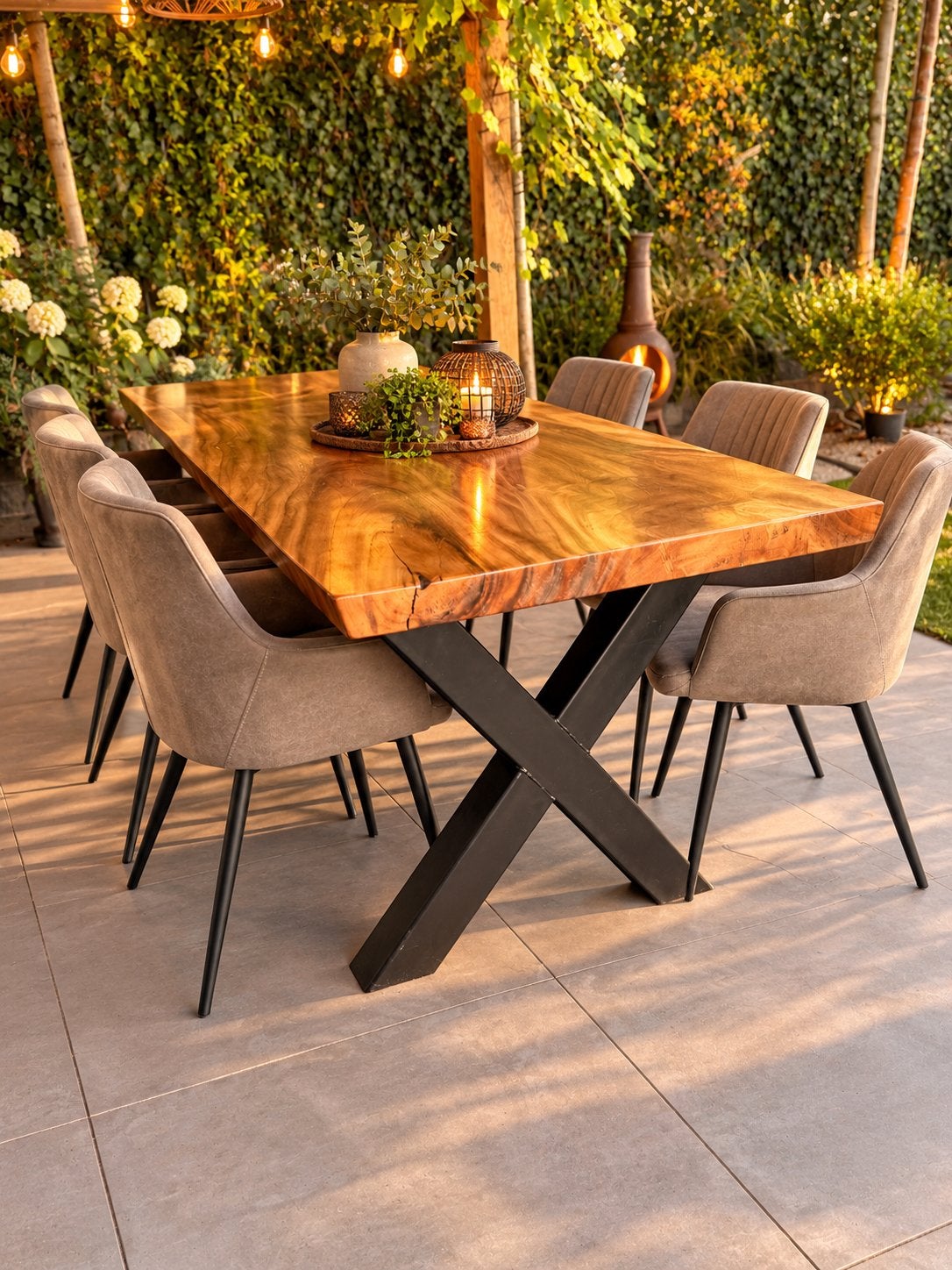 Suar houten eettafel hoogglans met stalen kruispoten, Huis en Inrichting, 200 cm of meer, Zo goed als nieuw, Vijf personen of meer