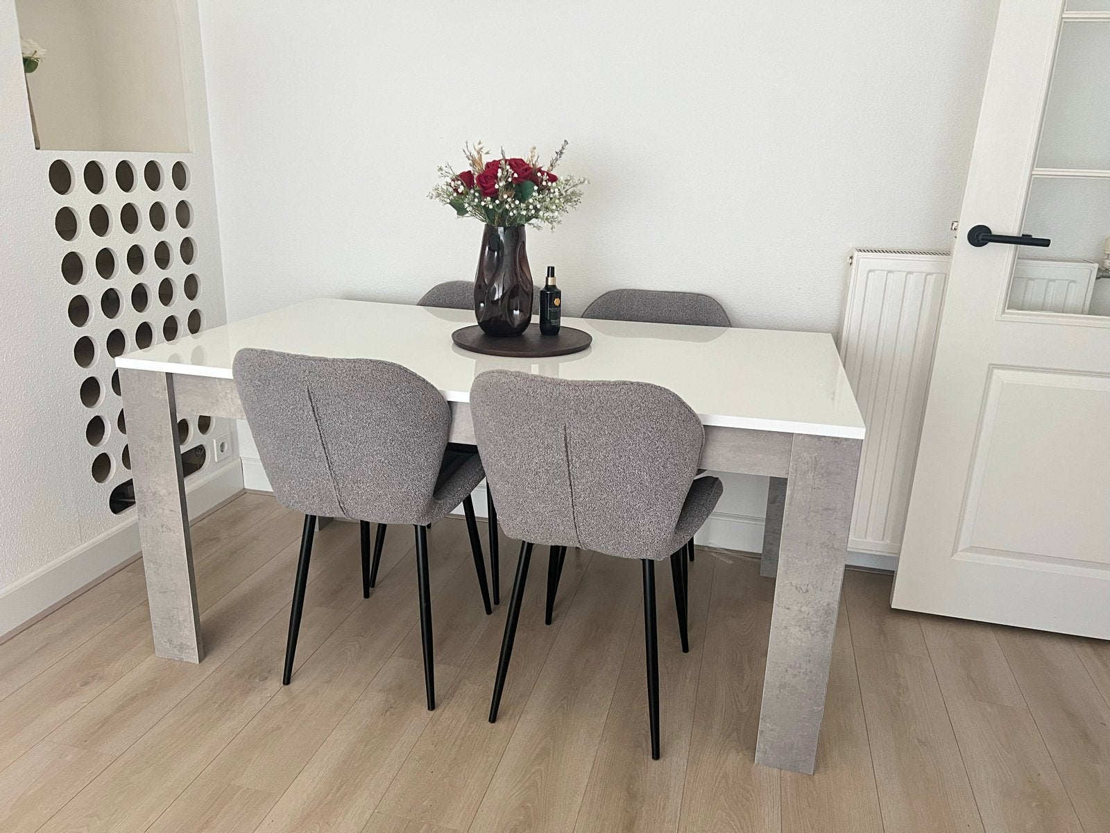 Moderne eettafel hoogglans wit met marmerlook onderstel, Ophalen, Kunststof, 100 tot 150 cm, 50 tot 100 cm