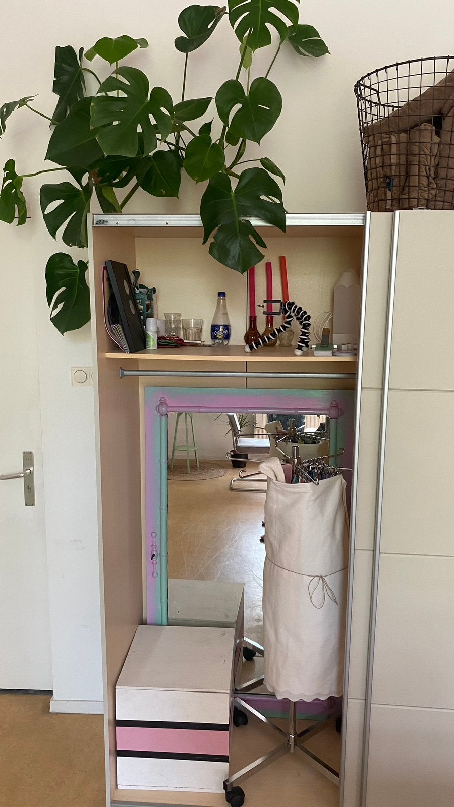 Grote Antieke Spiegeldeur - Roze/Groen voor Kleuranalyse, Ophalen, Rechthoekig, 50 tot 100 cm, 200 cm of meer