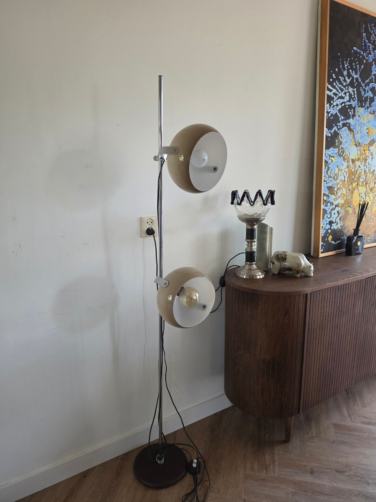 Dijkstra Space Age Mushroom-vloerlamp met dubbele spots, Kunststof, Vintage, Ophalen of Verzenden, Zo goed als nieuw