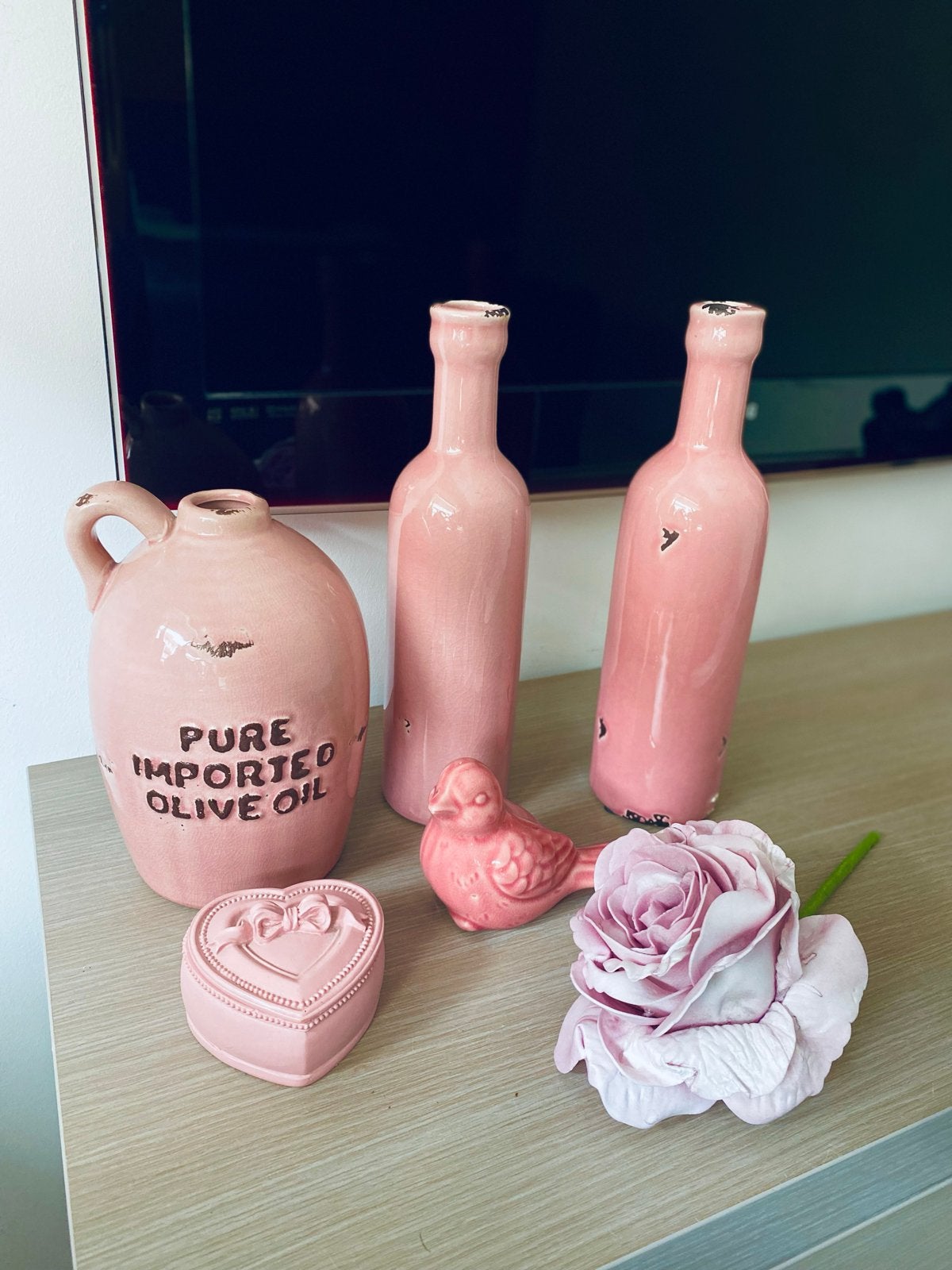 Roze accessoires: flessen, vogel, hartje en roos, Ophalen, Gebruikt, Roze, Steen/keramiek