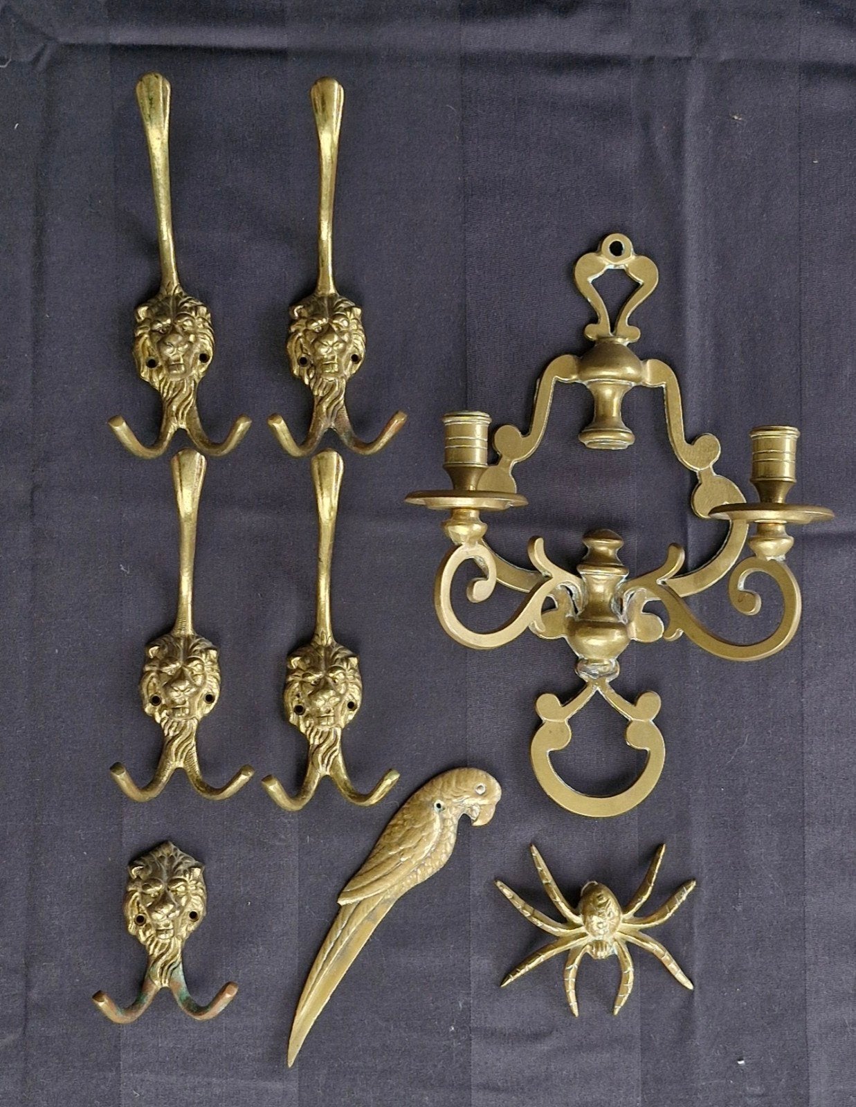 Vintage messing set: haken, kandelaar, papegaai, sp, Antiek en Kunst, Ophalen of Verzenden
