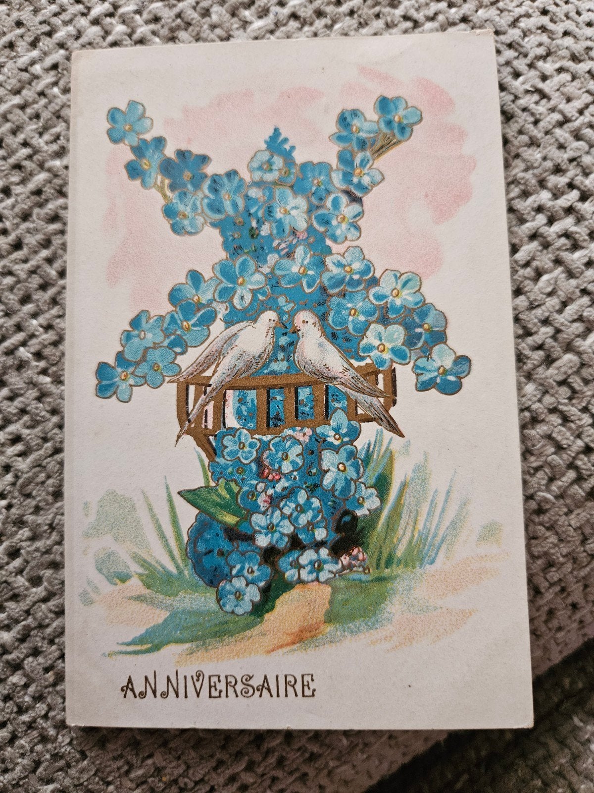 brocante molen 'Anniversaire' met duiven en bloemen, Ophalen of Verzenden, Voor 1920, Gelopen