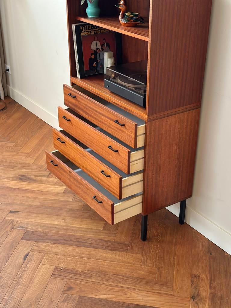 Vintage wandmeubel teak hout metaal lades jaren 50/60/70, Ophalen, Met plank(en), Gebruikt, Teakhout