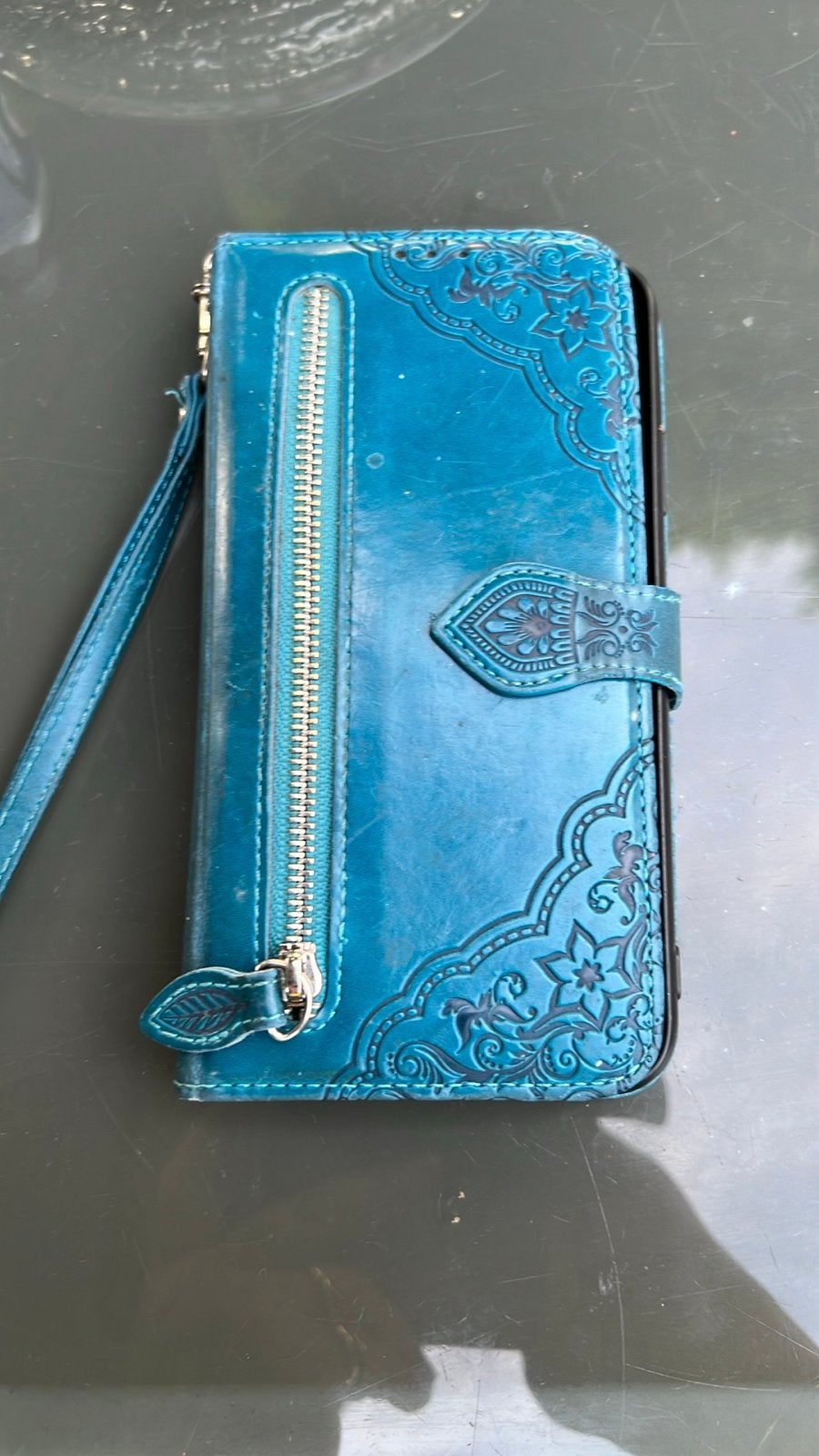 Turquoise iPhone 11 Pro Max hoesje met rits en pasjeshouder, Telecommunicatie, Pasjeshouder, Gebruikt, Overige merken, Blauw