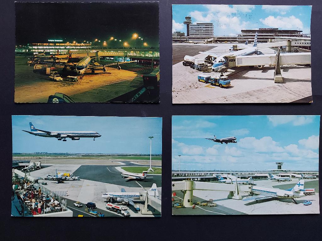 4 ansichtkaarten van Schiphol uit de jaren 60 (A224), Verzamelen, Luchtvaart en Vliegtuigspotten, Ophalen of Verzenden, Gebruikt