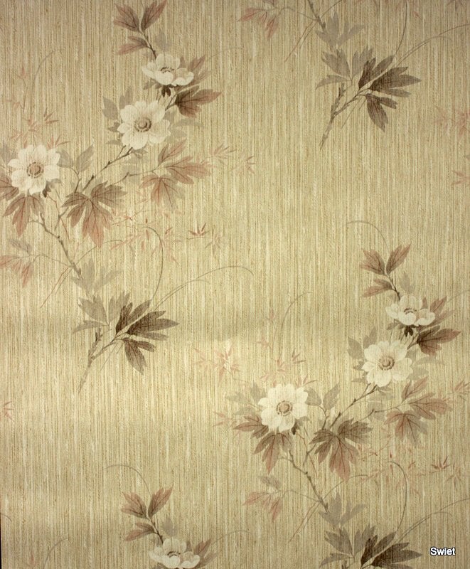 9903 Vintage beige bruin bloemenbehang met jutelook swiet, Ophalen of Verzenden, Beige