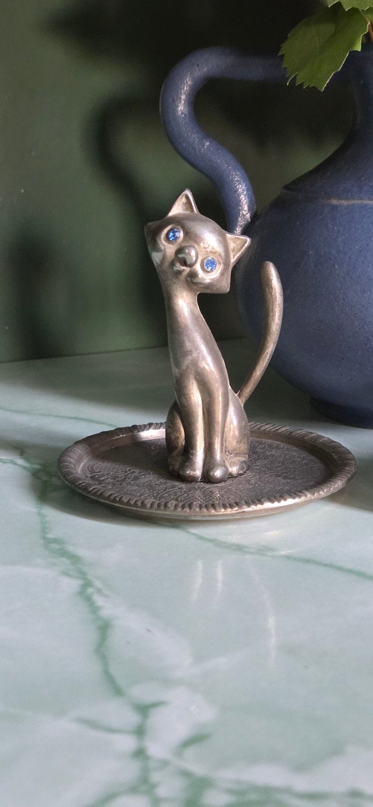 vintage zilverkleurige kattenringhouder katten ringhouder po, Ophalen of Verzenden