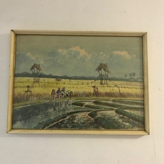 Aquarel 'arbeiders in de rijstvelden', Ophalen of Verzenden, Realistisch, Aquarel