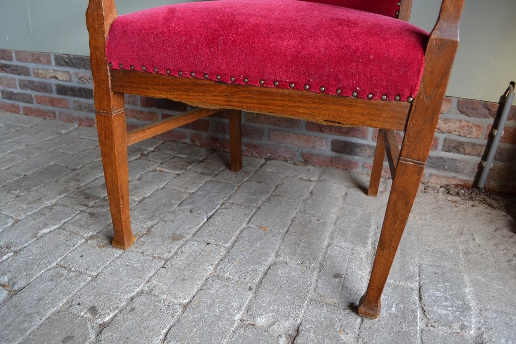 Prachtige antieke eiken Art Deco stoel met rood velours, Antiek en Kunst, Verzenden