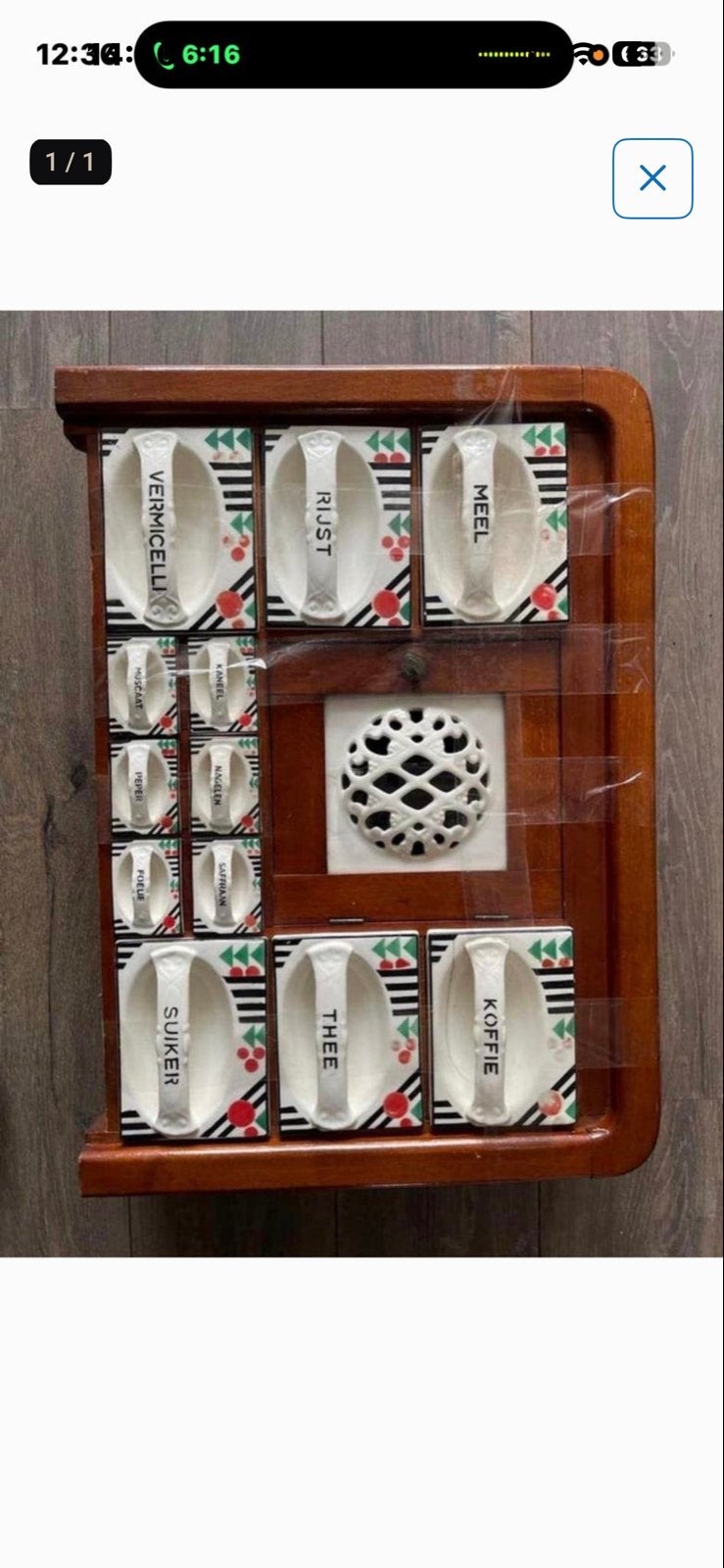 Vintage kruidenrek met keramische potjes, Hout, Ophalen of Verzenden, Bruin, Overige typen
