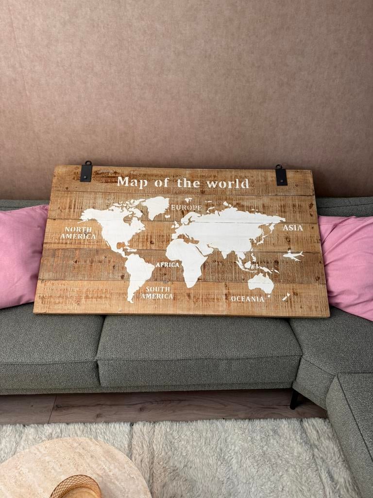 Groot houten wandbord Map of the world, Huis en Inrichting, Ophalen, Zo goed als nieuw