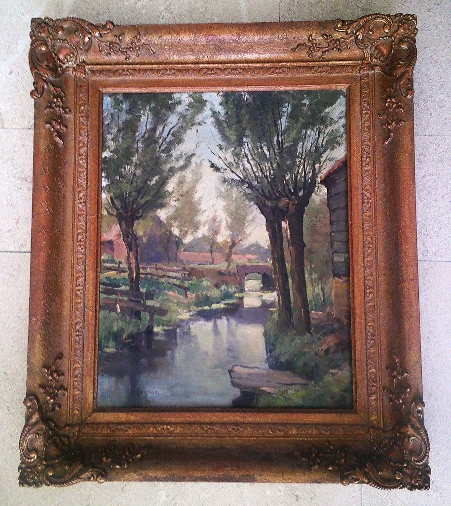 "Achter de Boerderij" ca. 1935 - Gerard Wiegman 1875-1964, Doek, Impressionistisch, Ophalen of Verzenden, Olieverf