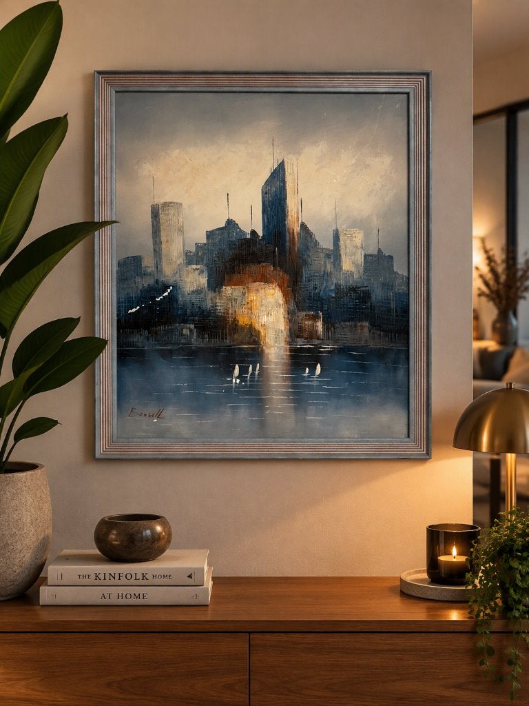 Vintage Olieverfschilderij Manhattan NY - J.B. Bonsall, Ophalen of Verzenden, Stadsgezicht, Textiel, Gesigneerd