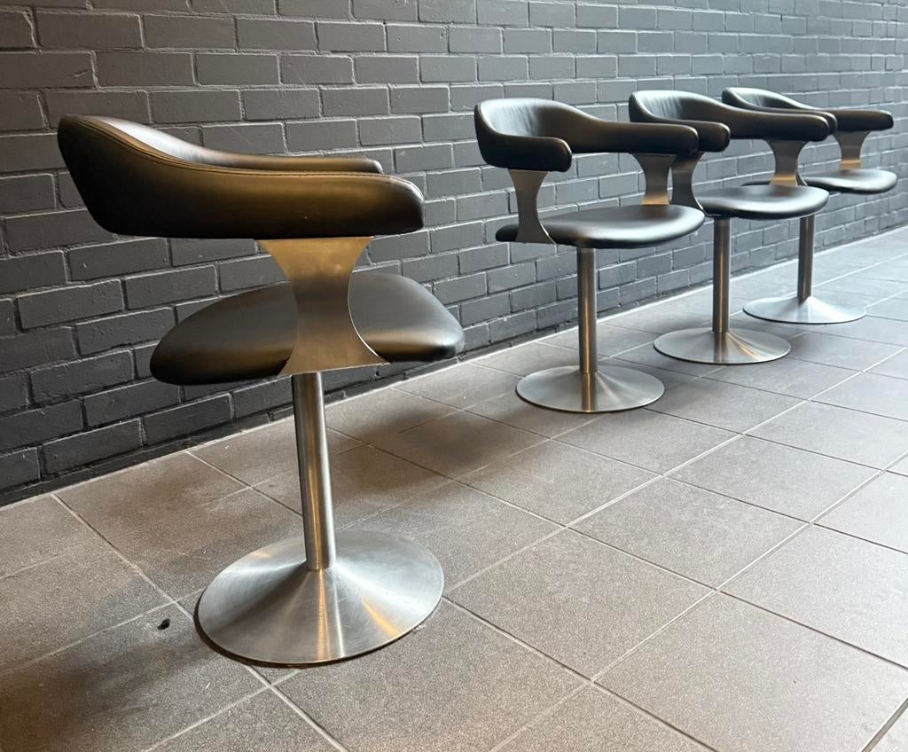 4 Vintage Space Age Chairs, Black, Brushed Stainless Steel, Huis en Inrichting, Stoelen, Ophalen, Gebruikt, -, Zwart