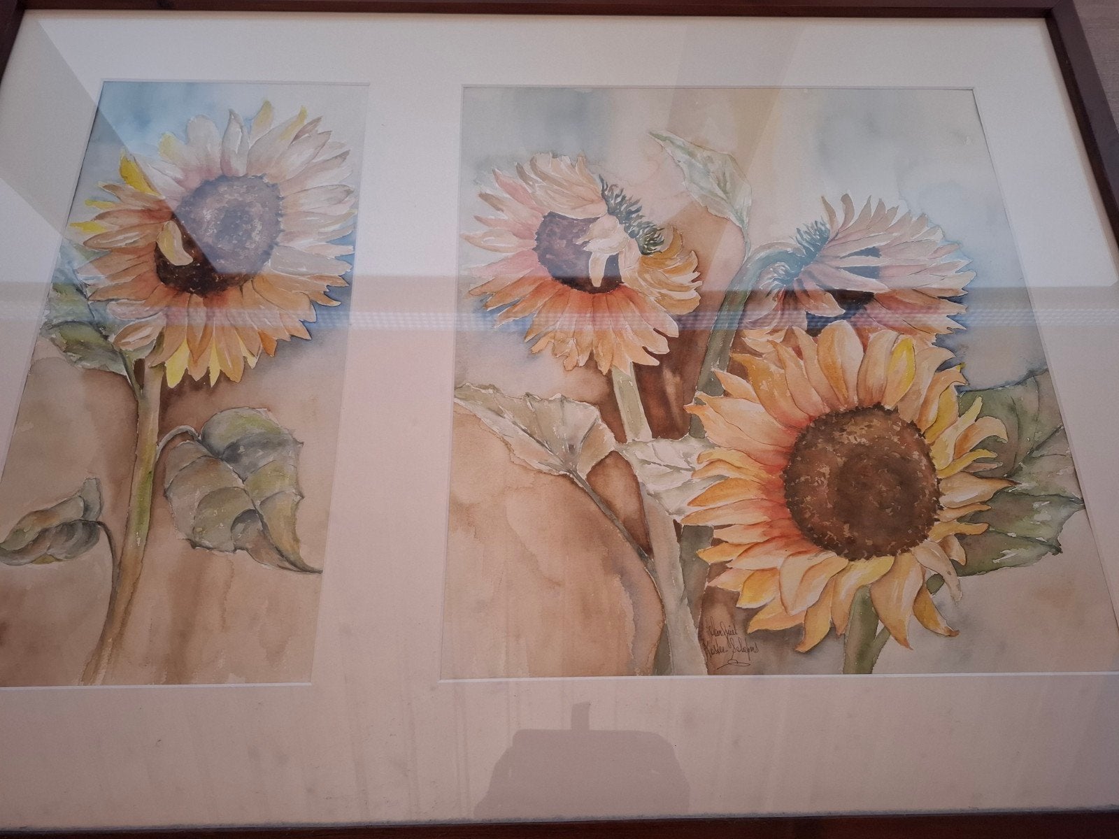 Ingelijste aquarel van zonnebloemen, Bloemen, Handgeschilderd, Realistisch, Ophalen of Verzenden