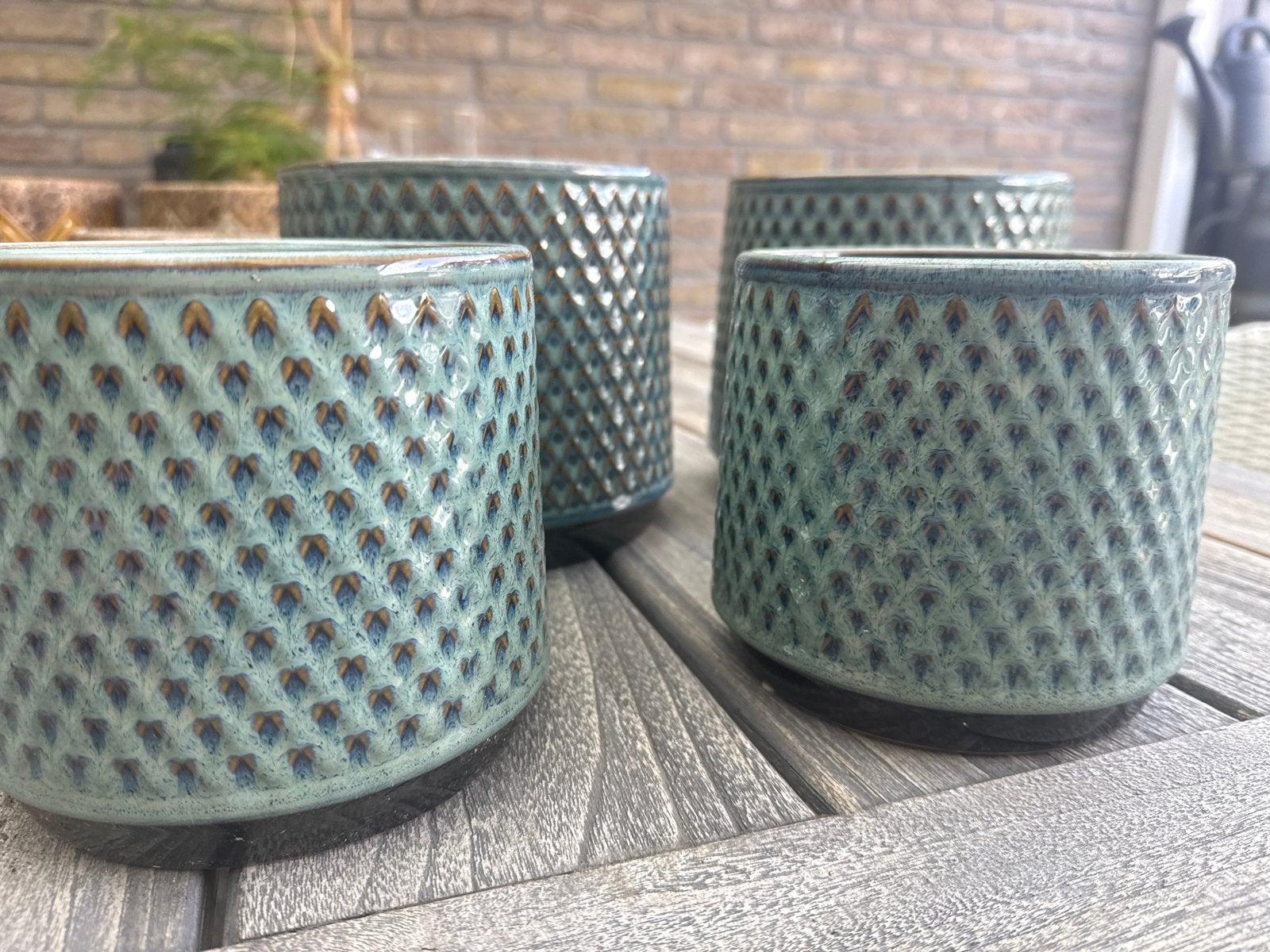 Set van 4 keramische bloempotten, groen/blauw, Ophalen, Rond, Binnen, Zo goed als nieuw