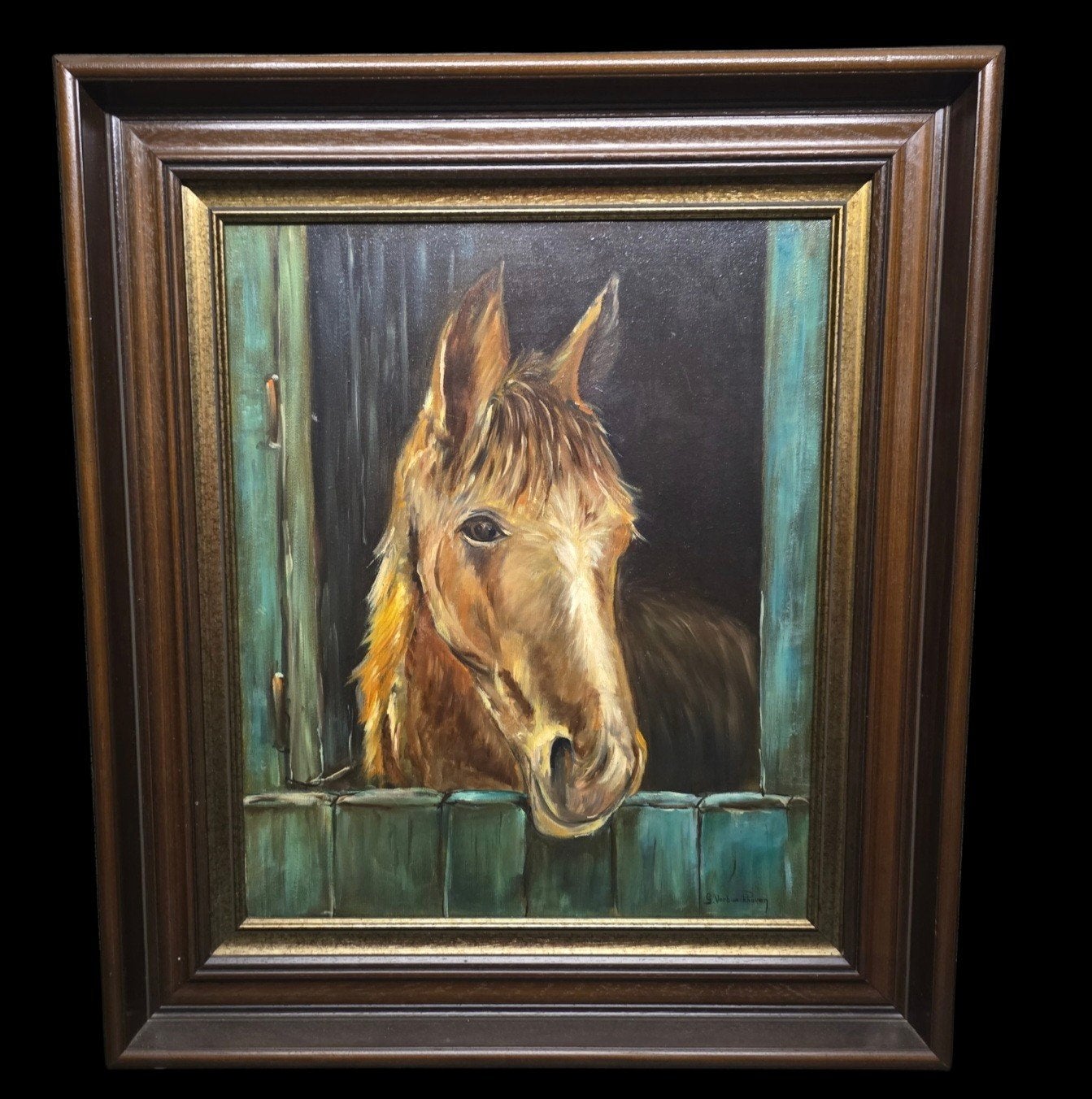 Schilderij van paard in stal - Gesigneerd G. Verboeckhoven, Doek, Dieren, Ophalen of Verzenden, Olieverf
