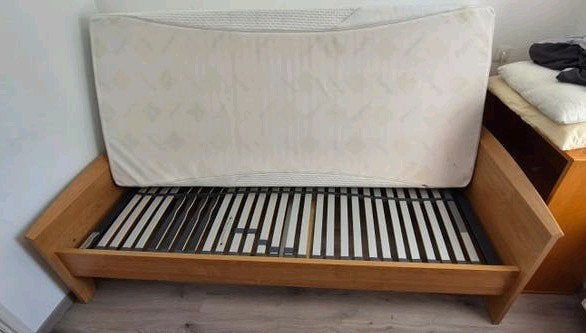 Eenpersoonsbed met lattenbodem en Tempur matras, Ophalen, Gebruikt, 90 cm, 200 cm