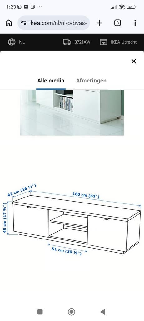 IKEA Byas TV-meubel wit hoogglans 160x42x45 cm, Huis en Inrichting, Kasten | Televisiemeubels, Ophalen, Overige materialen, Gebruikt